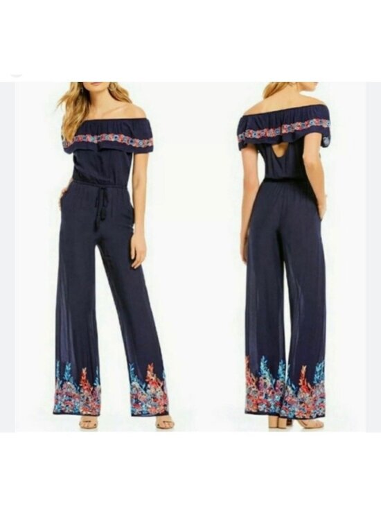 Chelsea & Violet Pants - Jumpsuit Chelsea & Violet Womens Med Navy Blue Off Shoulder Embroidered Long Boh
